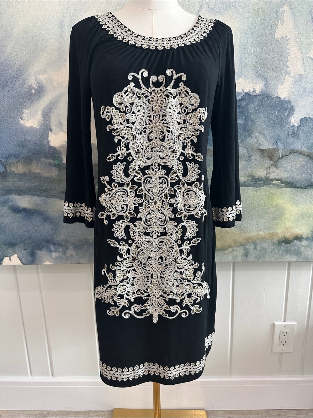 M Inc Black Embroidered Shift Dress with White Lace Motif